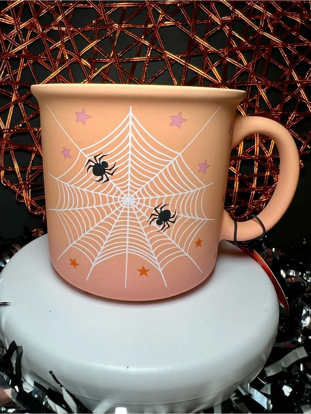 Halloween Light Orange Spiderweb Mug with Black Spiders Ombré Stars Stoneware